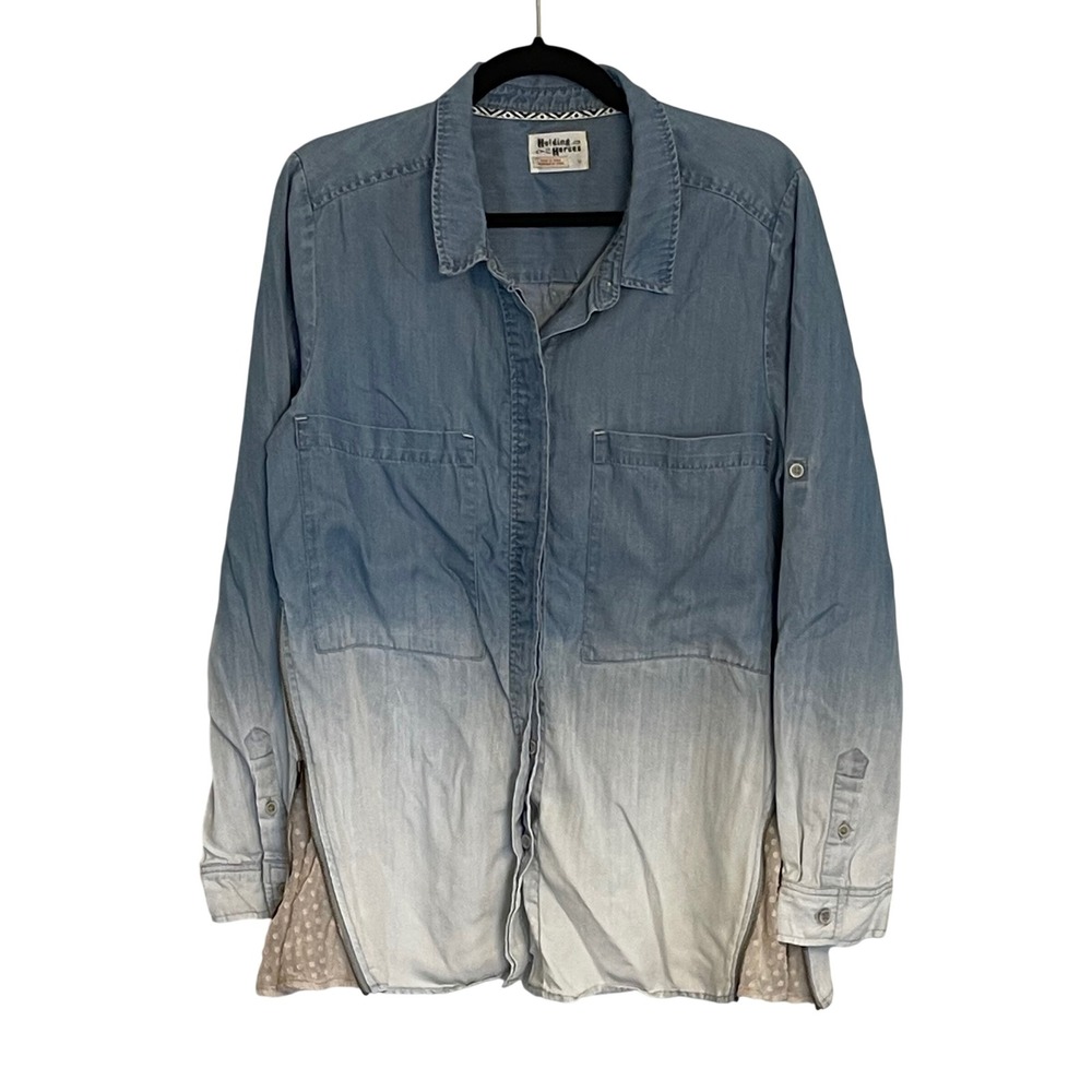 Holding Horses Anthropologie Ombre Chambray Shirt‎ Side Zip Swiss Dot Blue Sz 12